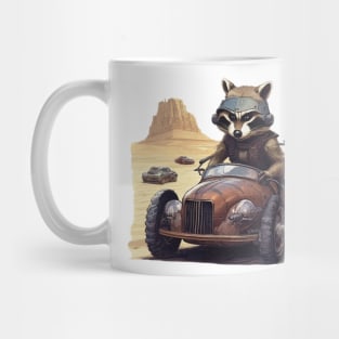 a racoon racing a car across the desert Mug